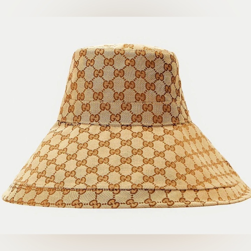 Monogram Wide Large Brim Beige Tan Canvas Bucket Hat Jacquard Sun Coverage New - Picture 16 of 16